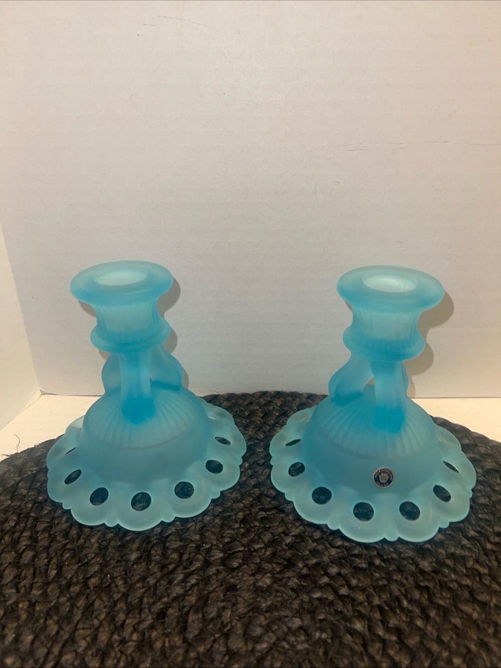 Westmoreland Blue Satin Glass candlestick holders vintage